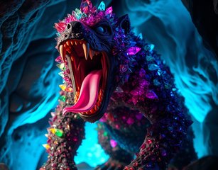 A Realistic Fierce, Bear-Like Creature Covered In Multi Colored Crystals Stands In A Cave, Mouth Open To Reveal Sharp Teeth And A Glowing Pink Tongue. The Scene Is Illuminated With Blue Accent Lighting, Creating A Mystical And Otherworldly Atmosphere.