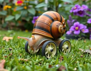 A Realistic Photo Of A Modified Snail That Has 4 Wheels In A Garden Setting