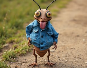 An Anthropomorphic Insect-Like Creature With Human Like Eyes And Tongue Standing On A Dirt Path. The Creature Has A Segmented, Pinkish-Brown Body With Antennae And Large, Googly Eyes. It Is Wearing An Oversized Blue Denim Jacket, Giving It A Whimsical And Humorous Appearance. The Background Features A Grassy Field, Adding To The Outdoorsy Setting Of The Scene.