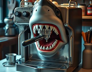 A Coffee Machine Designed To Look Like It Belongs In A Scene From The Movie "Jaws" The Front Of The Machine Features A Realistic Depiction Of A Shark's Face With Its Mouth Wide Open, Showcasing Sharp Teeth, Which Creates A Menacing Effect. The Machine Is Sleek And Metallic, With Typical Espresso Machine Dials And Nozzles. The Surrounding Environment Is A Cozy Yet Quirky Vibe