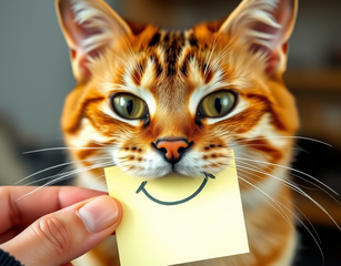 A Smiling Cat With A Post-It Note Of A Hand Drawn Smile Held Right In Front Of Its Mouth By Someone