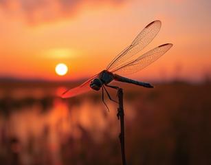 A Dragonfly Over The Wather In A Red Sunseth