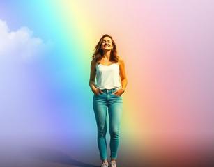 A Lady Standing On The Ground While The Rainbow Colours Surrounds Her