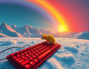 Surreal  Red  Keyboard , Yellow Mouse-Animal On The Sun  Surface Frosty Snow Mountains Rainbow 