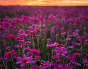 An Image Of A Field Of Vibrant Flowers Is Mostly Pink With Some Purple. Make The Sky Look Like Sunset And Almost Vibrant.