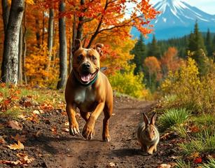 Pitbull Mixed With Coyote Running Through The Woods Chasing After A Rabbit Trees Are Full Leaves All Different Colors And The Ground Was Muddy And There Was A Volcano In The Background In The Mountains