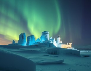 Ice Palace Shimmering Under Northern Lights