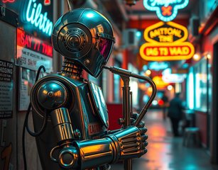 Vintage Robot Playing Jazz In A Neon-Lit Alley