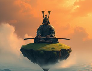 Samurai Warrior Meditating On A Floating Island'