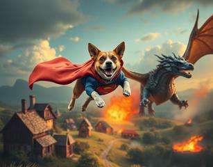 Dog With A Superman Cape Flying Above A Village Being Chased By A Fire Breathing Dragon