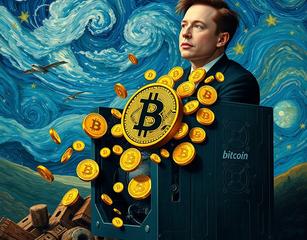 Bitcoin Miner With Little Bitcoins Falling Out Of It With Elon Musk Overlooking It From Heaven With A Van Gogh Design.