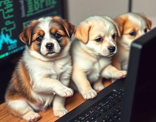 Group Of Cute Puppies Using A Computer To Hold $Flux Crypto