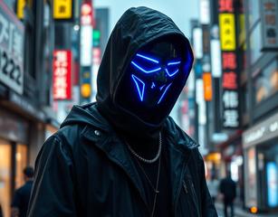Lone Figure In Black Futuristic Stylish Clothes With Hood Ultramine Blue Neon Led Mask Covering Face, Located In Down Town Shinjuku District Of Tokyo, Surrounded By Cypher Punk Themes And Advanced Technologies Displaying Data And Information In A Future Japan, 2065