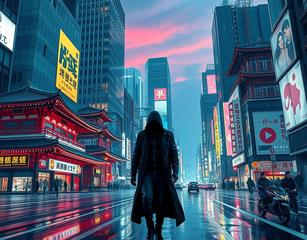 Create A Neon-Lit, Cyberpunk Cityscape At Dusk, With A Lone Figure In A Black Futuristic Stylish Clothes, Walking Down A Rainy Street. The City's Architecture Blends Sleek, High-Tech Skyscrapers With Ancient, Ornate Temples And Pagodas, Evoking The Mystique Of Tokyo's Shinjuku District, The Air Is Thick With The Hum Of Hoverbikes And The Glow Of Led Billboards