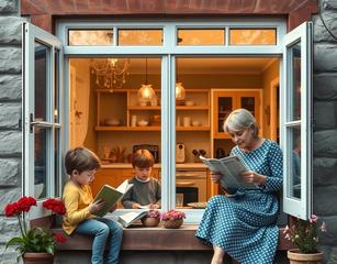 4 Member French Window House, In Which 2 Kids Reading Books , Mum Cooking Foods And Reading Newspaper And Suddenly There Is A Power Cut