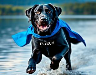 A Black Labrador Retriever As A Superhero With A Blue Cape Running Across A Lake With The Flux Ai Logo Centered On Its Chest