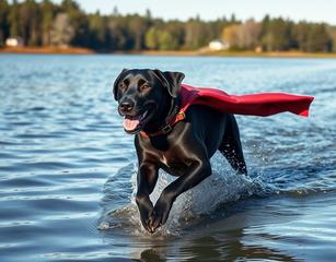 A Black Labrador Retriever As A Superhero Running Across A Lake