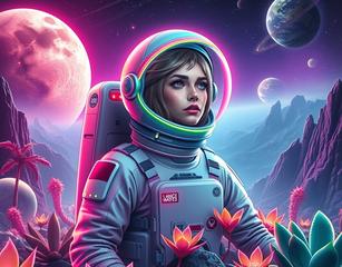 Realistic Style, Beautiful Awesome Girl Astronaut, On A Beautiful Planet With Neon Coulored Plants, Background Beautiful Nightsky With Planets And Stars, Cyberpunk Optik,