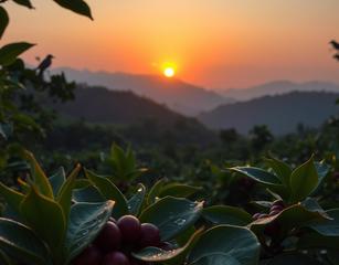 A Dawn In A Coffee Plantation In Brazil, The Sun Rising Over The Horizon, Casting A Warm Orange Glow On The Coffee Bushes And The Surrounding Mountains, Dewdrops On The Leaves, Birds Chirping In The Background, Photography, Using A Telephoto Lens To Capture The Details Of The Dewdrops