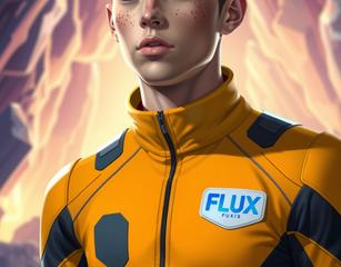 Young Man Wearing Futuristic Jumpsuit, In Space, Science Fiction, Trending On Artstation, Bright Colors, Detailed Face, Crystal Caverns In Background, Dynamic Pose, Freckles, Symmetrical. Add Text Flux As A Small Blue Logo On The Left Side Of The  Jumpsuit