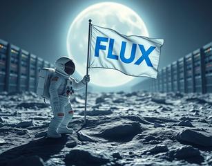 Austronauts Plant A Flag On  The Moon, The Flag Has The Blue Text Flux.  On The Background A Datacenter