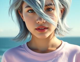 A Highly Detailed And Realistic Portrait Of A Young Woman With Short, Pastel Blue Hair, Styled With Soft, Tousled Waves. She Is Wearing A Light Pink T-Shirt With The Bold, Dark Blue Text “Love Flux” Printed On It. The Woman Is Outdoors, Standing Against A Backdrop Of A Bright, Clear Blue Sky With The Ocean Visible In The Distance. The Lighting Is Soft And Natural