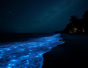 Blue Bio Luminescence Plankton Dark Night Ocean Washing On Shore Black Sky And 1million Stars Palm Trees And Grabs