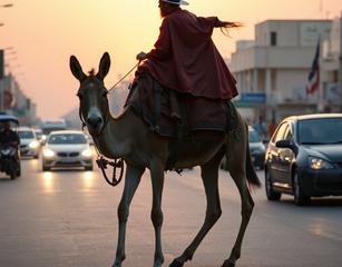 A Donkey Riding A Camel Along A Busy Street At Sundown