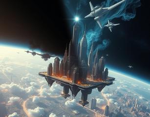 Big City Floating On Space Upper A Dark Side Part, With Dark And Light Energy, The Top Symbolize The Good Énergie And The Down Of Pictures A Dark And Loud Energy. Some. Spaceships Plane In The Sky Of The City