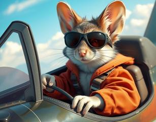 Une Image D'Un Souris Qui Conduit Un Avion De Chasse. La Souris Porte Des Lunettes De Soleil , Un Habit De Pilote Et Elle Tiens Le Volant Avec Force