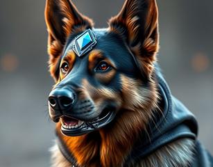 Make A German Shepherd Superhero In Real Life Size And Details. Use Flux Logo To Create Its Hero Emblem