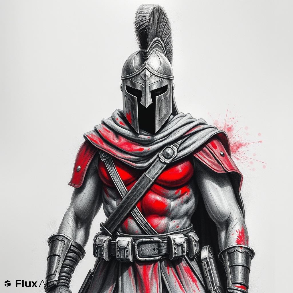 Charcoal drawing spartan soldier whole body color red parts