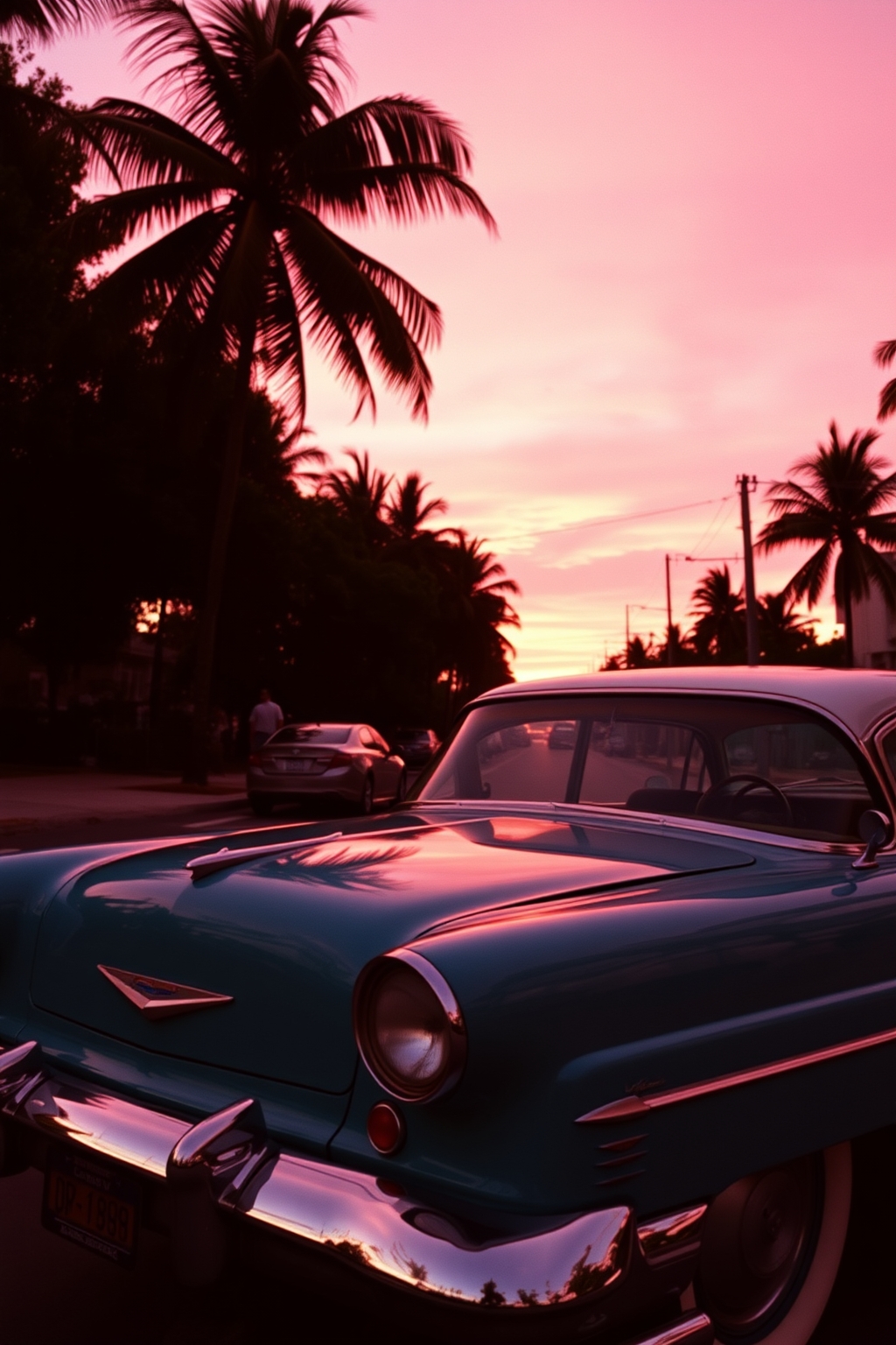 Miami Vice look pink sunset and old car’s