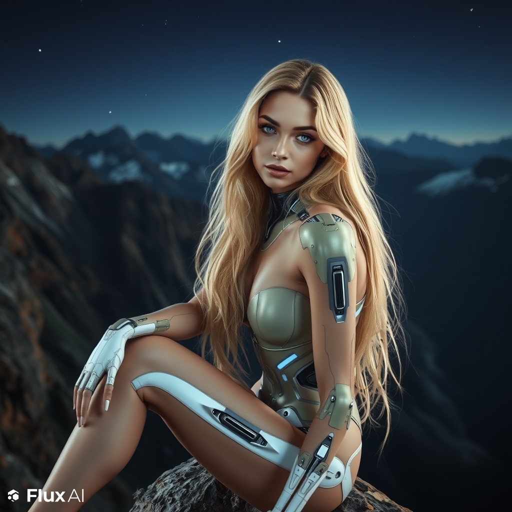 super realistic photo, blond woman, body have cybernetic implants, sitting edge of mountain, and it is night