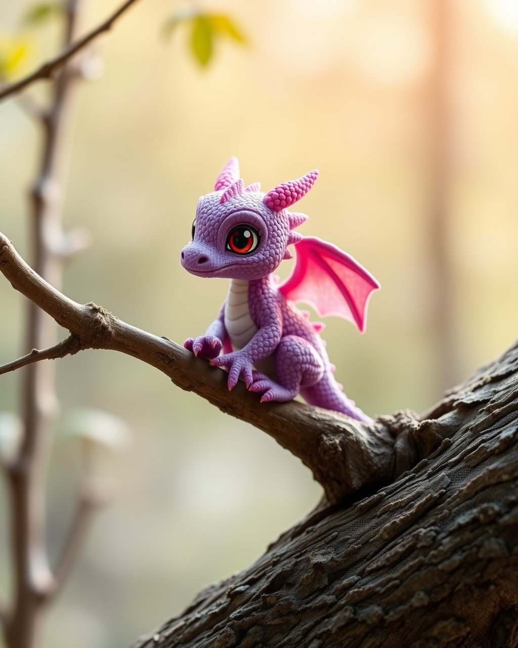 cute tiny pink and purple dragon sitting on tree branch