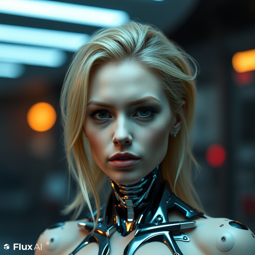 blond woman, body have cybernetic implants