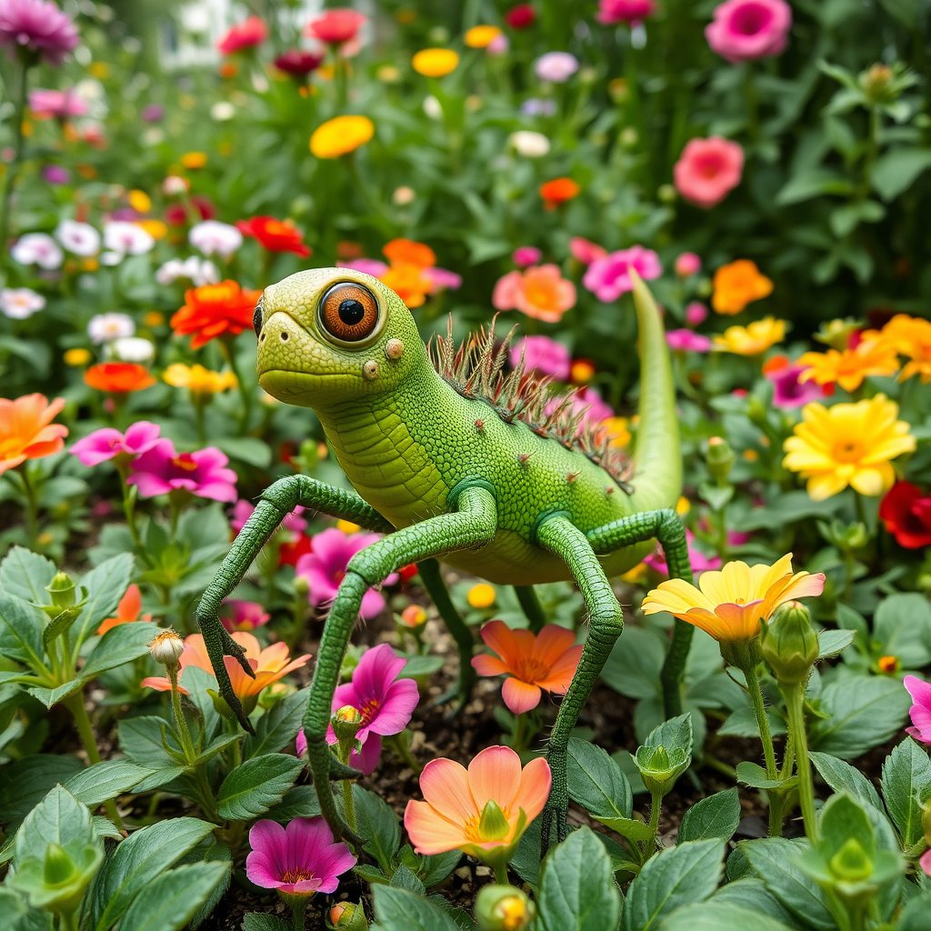 green garden creature with legs in flower bed