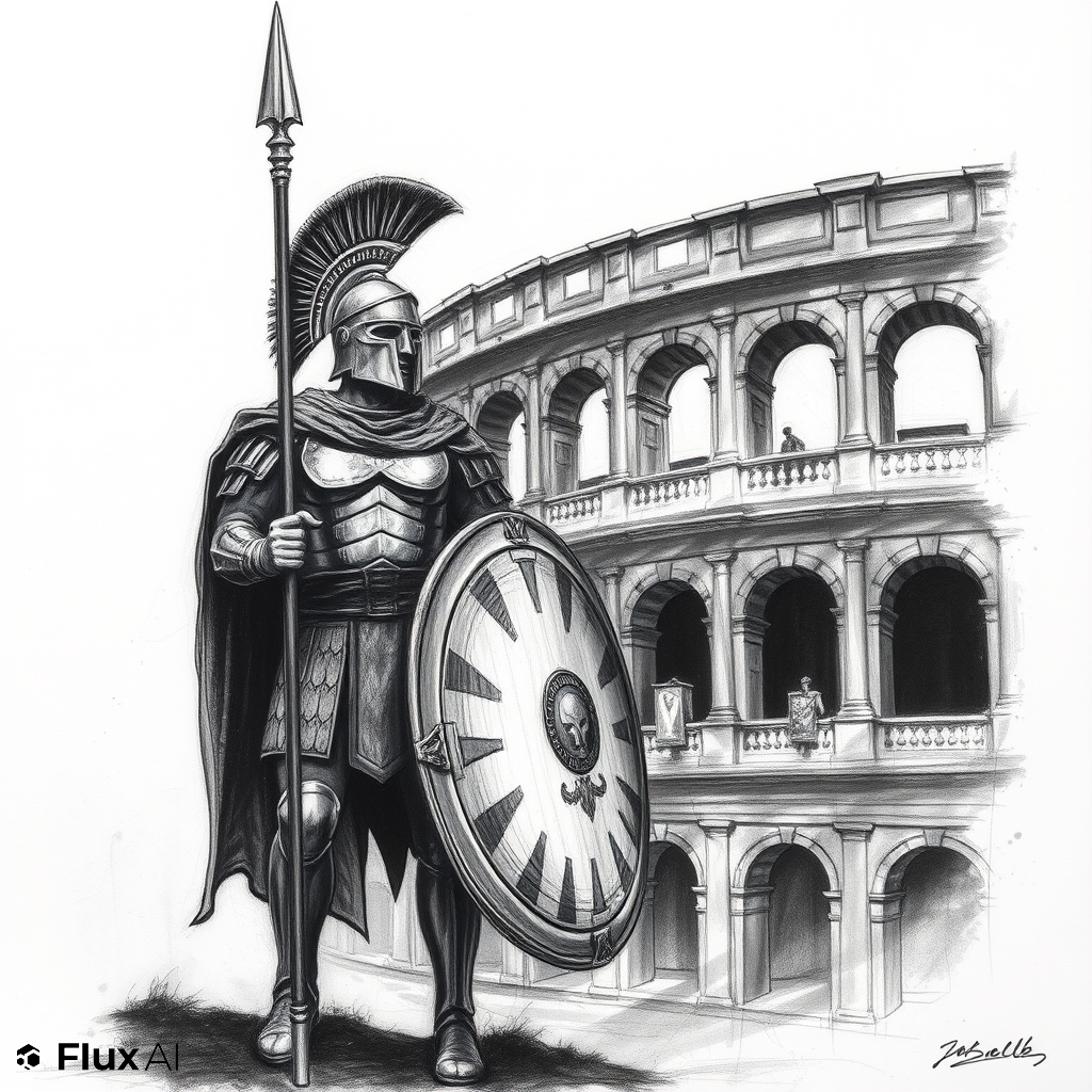 charcoal drawing spartan soldier keep's spear and shield standing next to hippodrome