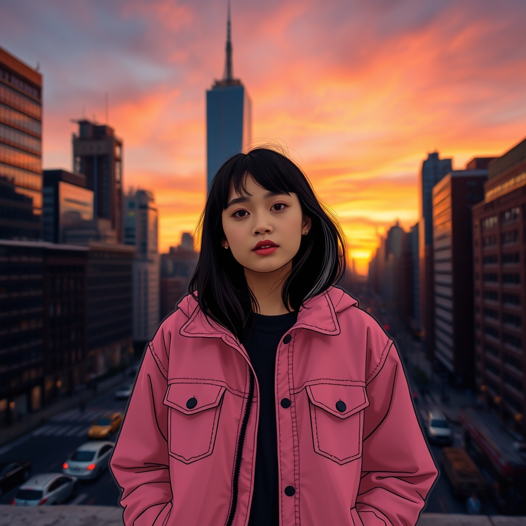 Realistic photo of New York at sunset with a girl. Her jacket is an illustration drawn on top