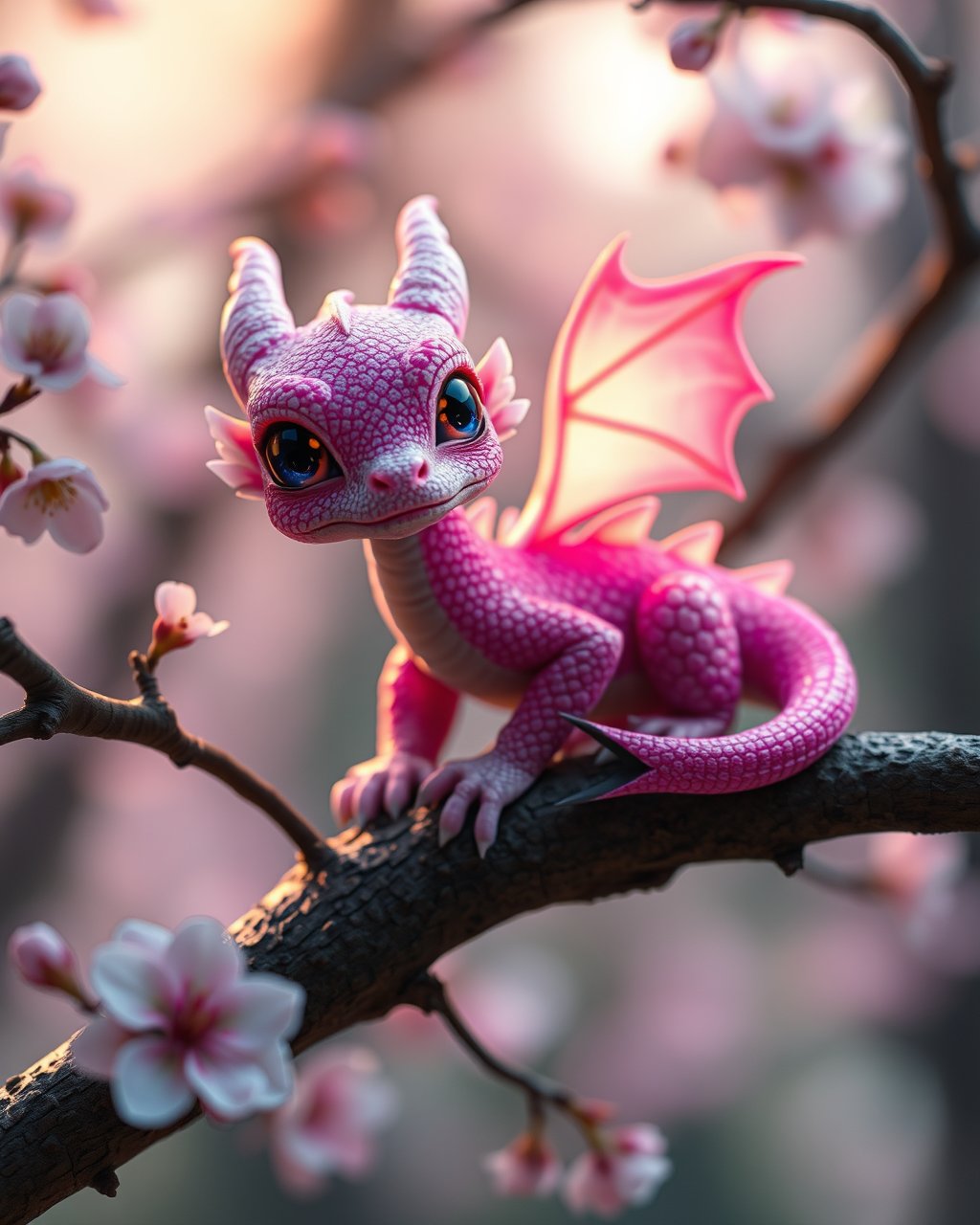 cute tiny pink and purple glowing dragon sitting on blossoming tree branch, macrodetailed skin texture, sun in every skin scale cozy wood looking at me, big detailed glowing eyes