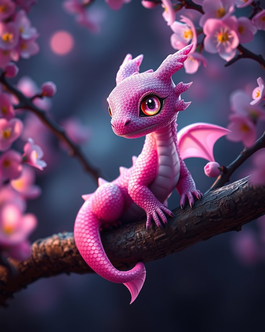 cute tiny pink and purple glowing dragon sitting on blossoming tree branch, macrodetailed skin texture, sun in every scale, cozy, looking at me, big detailed glowing eyes