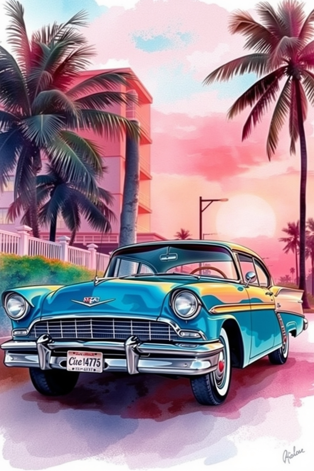 Miami Vice look pink sunset and old car’s watercolor art 