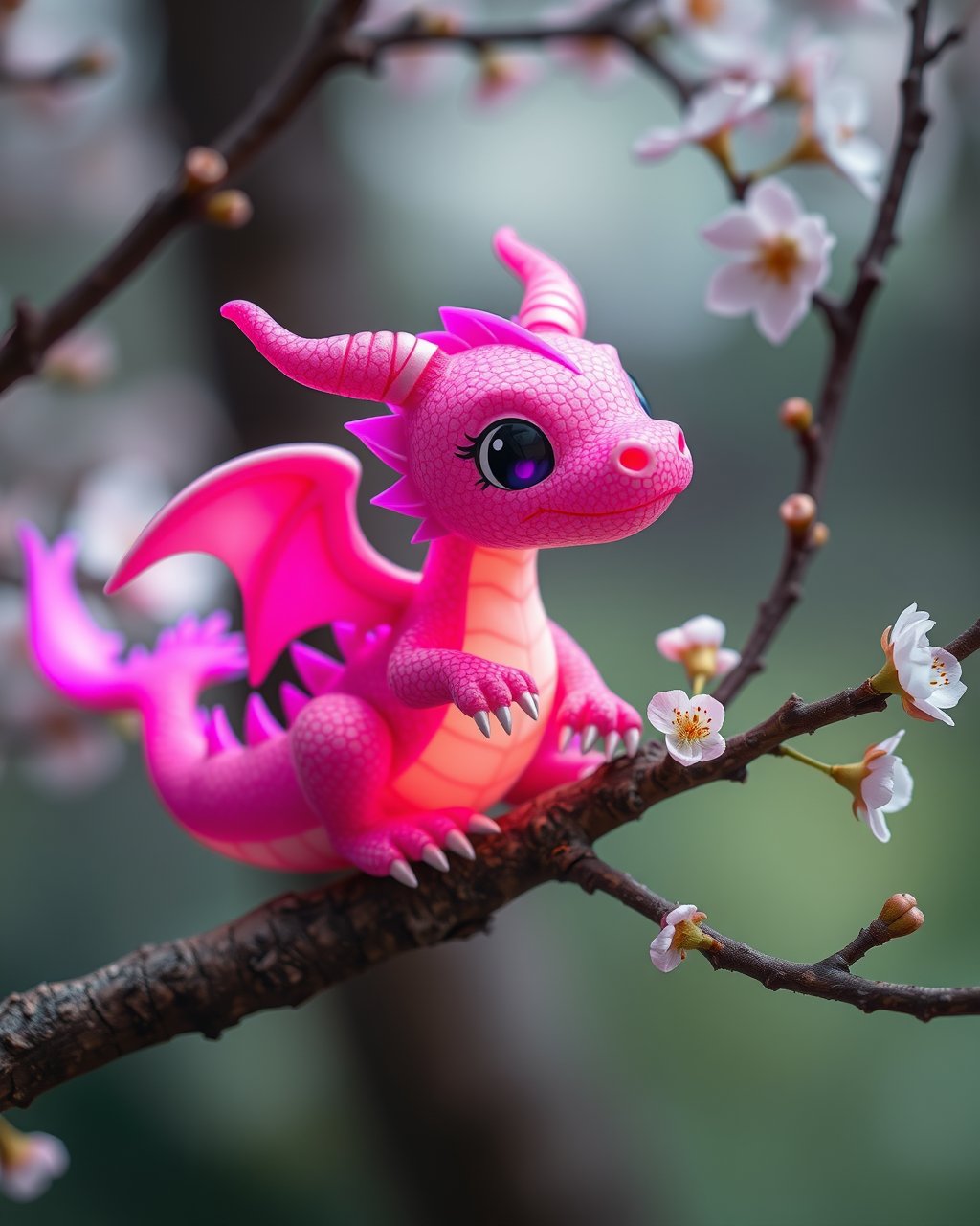 cute tiny pink and purple glowing dragon sitting on blossoming tree branch