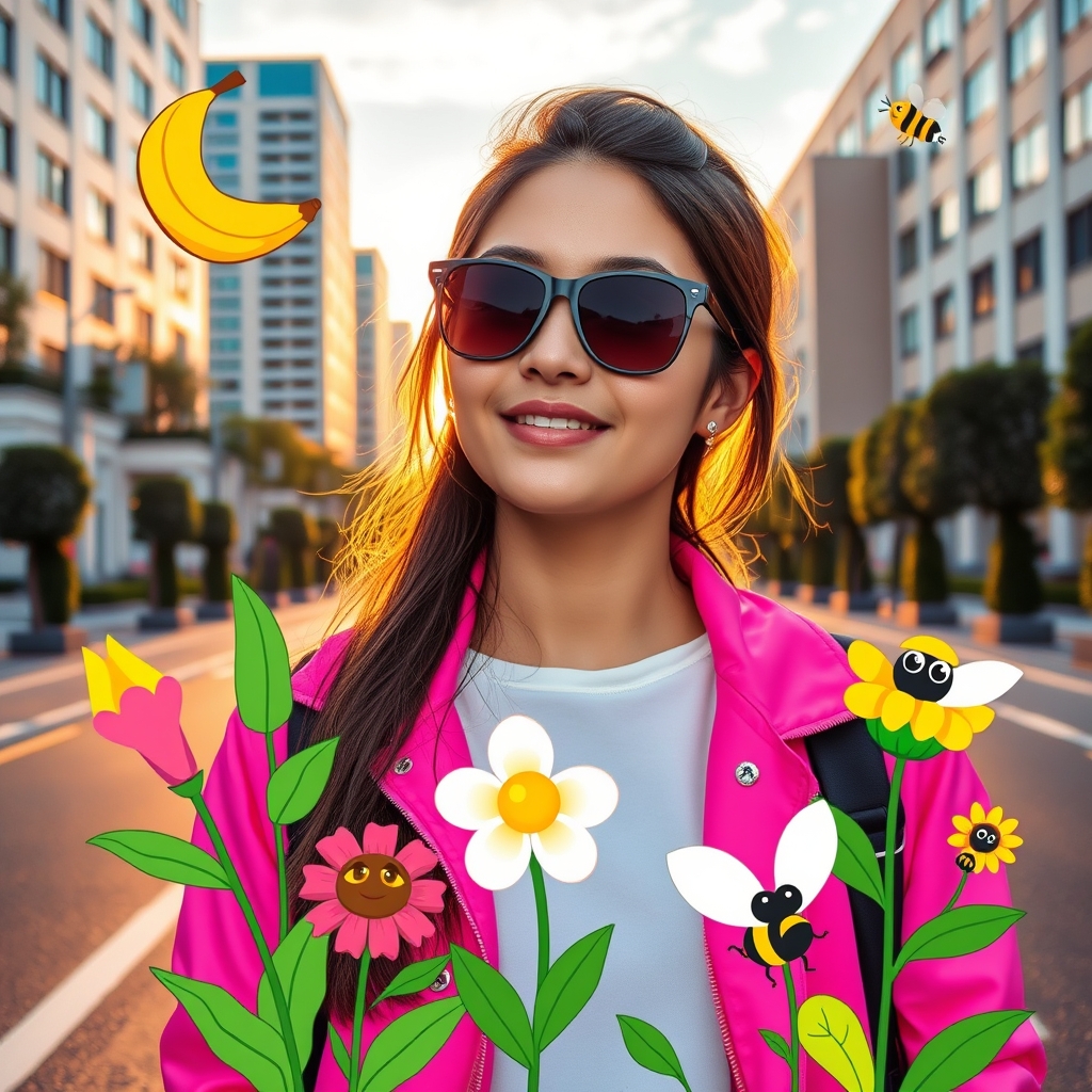 A young woman in a city street at sunset, wearing sunglasses and a bright pink jacket with artistic cartoon-style illustrations overlayed. The illustrations include colorful elements such as bananas, flowers with eyes, bees, and other whimsical designs. The background features modern buildings and neatly trimmed trees, blending an urban setting with vibrant, creative art