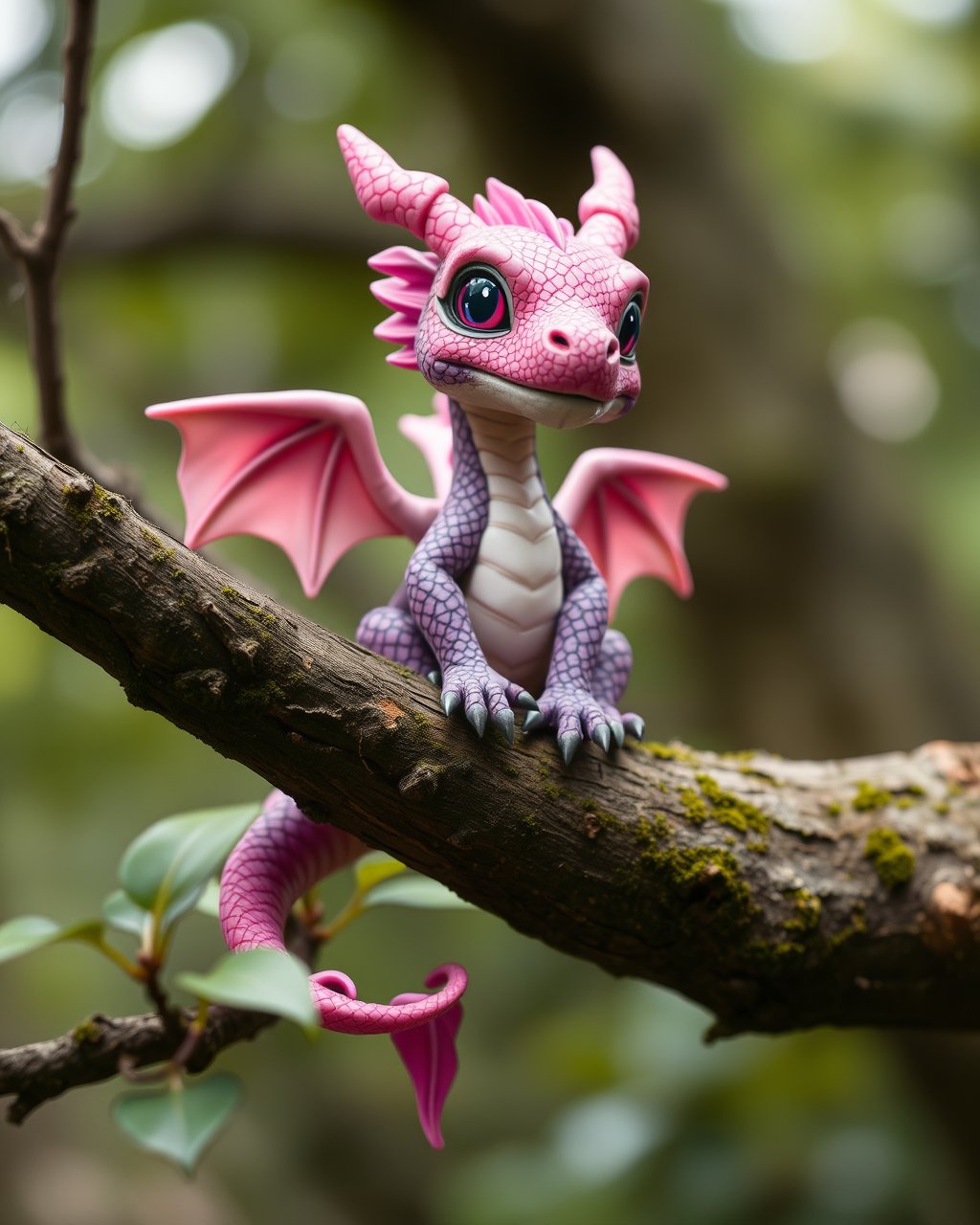 cute tiny pink and purple dragon sitting on tree branch