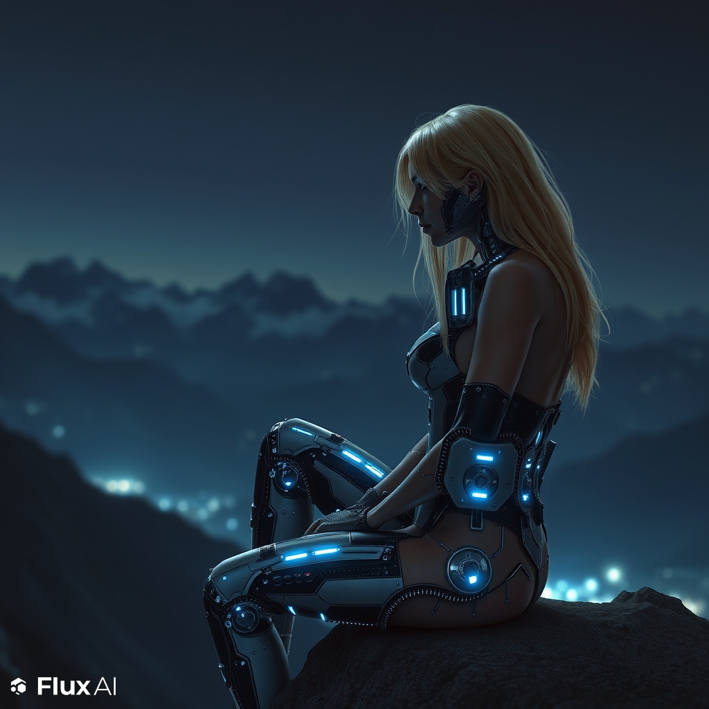 blond woman, body have cybernetic implants, sitting edge of mountain, and it is night