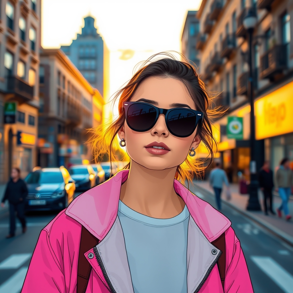 A young woman in a city street at sunset, wearing sunglasses and a bright pink jacket with artistic cartoon-style illustrations overlayed