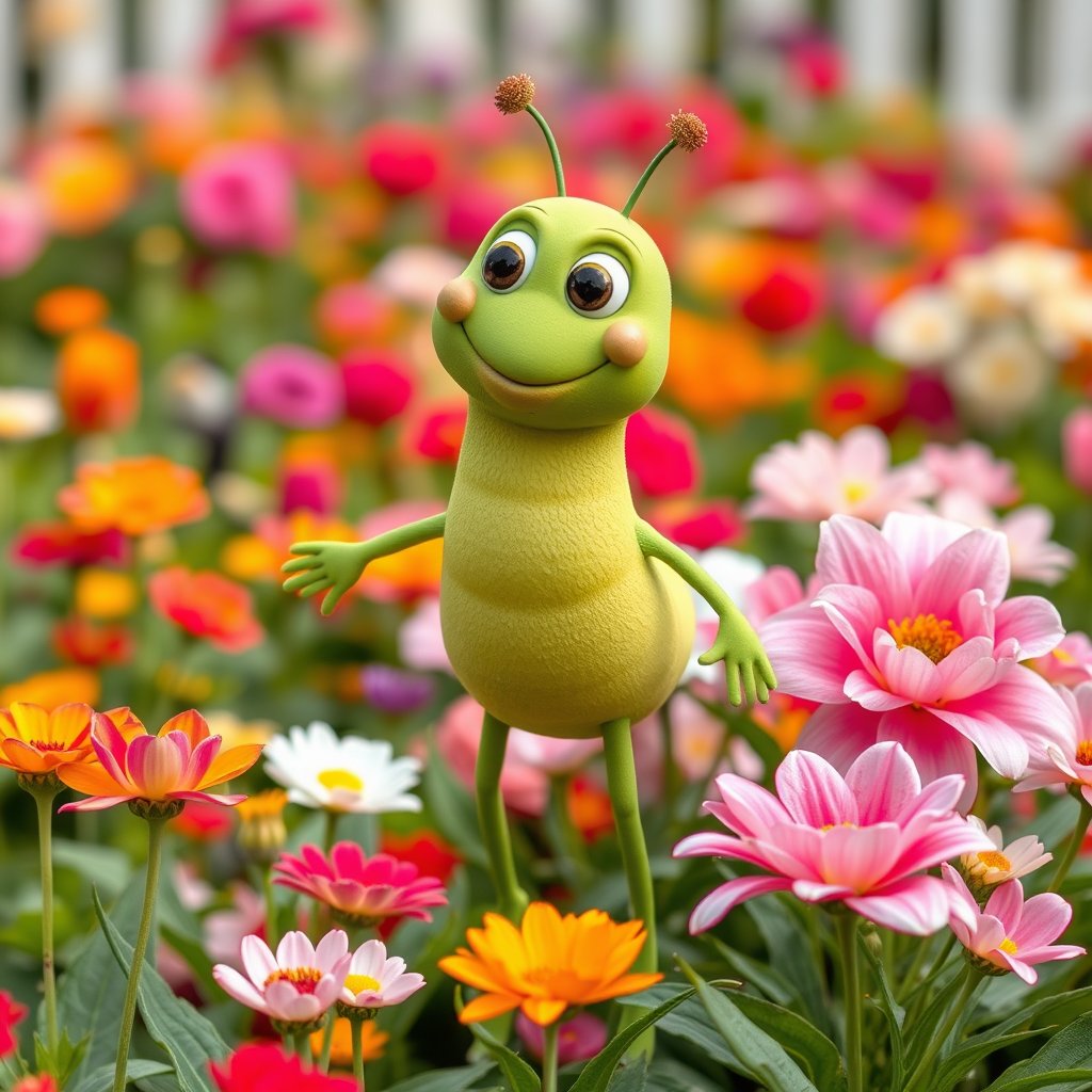 smiling green garden creature with legs in flower bed