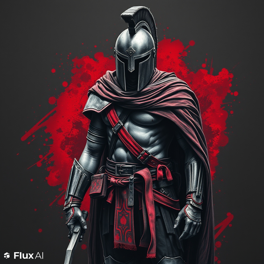 Charcoal drawing spartan soldier whole body color cloak to dark red make splash background red and black